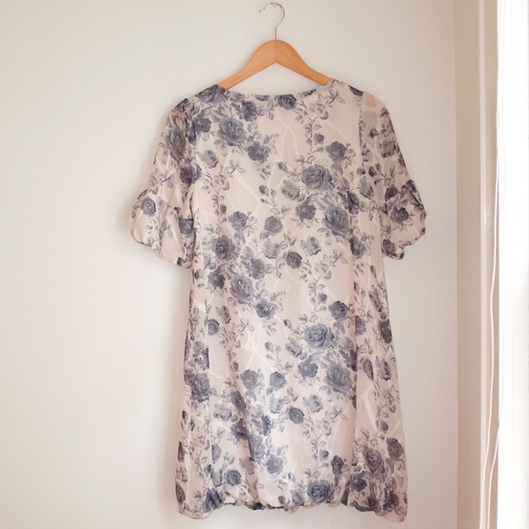 *Vintage* Rose Floral Print Ivory Gray-Blue Dress - Picture 3 of 3